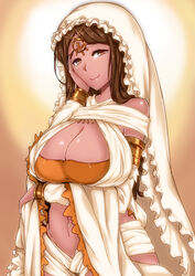 armband bare_shoulders bracelet breasts brown_eyes brown_hair circlet cleavage dark_souls female_focus frills fromsoftware goddess gold_(metal) gold_jewelry hand_on_face headdress highres huge_breasts jewelry komusou_(jinrikisha) lips long_hair looking_at_viewer midriff navel queen_of_sunlight_gwynevere smile solo strapless sun tubetop tunic