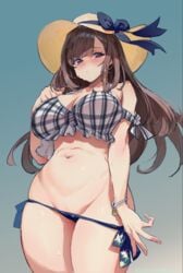 1girls big_breasts bikini blush brown_hair embarrassed female female_only hat idolmaster idolmaster_shiny_colors light-skinned_female light_skin looking_away simao_(x_x36131422) solo sun_hat tsukioka_kogane undressing