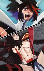 2girls abs artist_name black_hair blue_eyes breasts clenched_teeth crab_(artist) female female/female female_focus female_only femsub fit fit_female incest kill_la_kill kiryuuin_satsuki large_breasts lesbian lezdom lezsub long_hair lying_down matoi_ryuuko multiple_girls navel nipple_slip nipples on_back on_ground open_mouth panels red_highlights seductive_smile short_hair sisters skimpy straps thighhighs thighs toned toned_female tongue tongue_out yuri