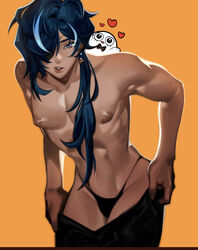 1boy abs blue_eyes blue_hair dark-skinned_male dark_skin earrings femboy genshin_impact half_naked kaeya_(genshin_impact) looking_at_viewer male male_only muscles naked nipples orange_background ponytail removing_pants solo t0t0mopann tagme thong