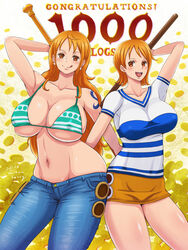 1girls 2girls big_breasts bikini different_breast_sizes female female_only jeans long_hair long_orange_hair mikanberry multiple_girls nami one_piece orange_hair short_hair short_orange_hair shounen_jump striped_bikini