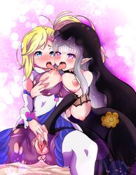 2girls asymmetrical_hair bangs bare_shoulders black_dress blonde_hair blue_eyes blush breast_grab breast_sucking breasts breasts_out_of_clothes censored detached_sleeves dress elf female finger_fuck fingering furrowed_eyebrows groping hair_ornament heart_hair_ornament high_resolution large_breasts long_hair looking_pleasured minerva_(re:zero) multiple_girls nexus_avelon pantyhose parted_bangs pointed_ears ponytail purple_eyes re:zero_kara_hajimeru_isekai_seikatsu satella_(re:zero) self_breast_sucking side_ponytail sidelocks silver_hair sweat thighhighs tied_hair tongue tongue_out torn_clothes torn_pantyhose vaginal_juices white_legwear white_thighhighs yuri