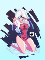 1girls black_cat_(marvel) blue_eyes bottomless bracelet domino_mask felicia_hardy female female_focus female_only hourglass_figure huge_breasts linkartoon looking_at_viewer marvel necklace simple_background smile solo solo_female solo_focus spider-man_(series) thick_thighs white_hair wide_hips