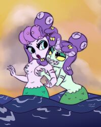 2022 2girls artist_signature breast_grab breasts cala_maria cuphead_(game) female female_only fondling mermaid multiple_girls selfcest topless umayorokobi yuri