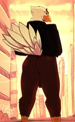 2019 accipitrid accipitriform anthro aquilles ass avian bald_eagle beak big_butt biped bird bottomless brown_body brown_eyes brown_feathers butt_pose city clothed clothing dated detailed_background digital_media_(artwork) eagle feathers genitals hi_res jacket looking_at_viewer looking_back looking_back_at_viewer low-angle_view male male_only outside penis pose raised_tail rear_view scutes sea_eagle shonuff signature skullman777 smiling_at_viewer solo standing tail_feathers topwear topwear_only white_body white_feathers yellow_beak