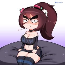 1girls angry bean_bag_chair big_breasts breasts brown_hair choker cleavage crop_top femscrub_(somescrub) legwear looking_at_viewer milf ponytail short_shorts sitting somescrub startop striped_legwear tagme thick_thighs twitter twitter_username wide_hips