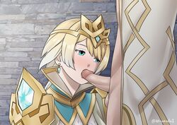 1boy atramada1 blonde_hair blue_eyes cloak fellatio female fire_emblem fire_emblem_heroes fjorm_(fire_emblem) kiran_(fire_emblem) kiran_(fire_emblem)_(male) medium_penis nintendo penis penis_lick penis_out testicles tiara