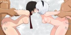 2boys 2girls arms_behind_back arms_held_back ass attack_on_titan bent_over bisexual bisexual_(female) breasts clapping_cheeks crossover doggy_style drooling female_focus forced_kiss french_kiss kissing kissing_while_penetrated light-skinned_female male_penetrating mikabae mikasa_ackerman motion_lines nier:_automata nipples nude plump_ass prison_guard_position sex sex_from_behind shingeki_no_kyojin slim_waist sound_effects stomach_bulge thick_thighs yorha_2b