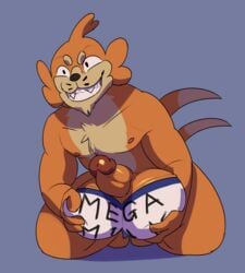 1boy absurd_res anthro balls big_balls blue_background buizel c0baltturqu0ise cel_shading clothing erection facial_hair genitals goatee hi_res holding_balls huge_balls humor hyper hyper_balls hyper_genitalia male male_only mega_milk meme nintendo orange_body pattern_underwear penis pokémon_(species) pokemon shaded simple_background smile solo underwear video_games