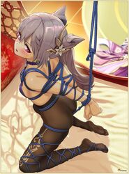 1girls arms_behind_back ass bed bed_sheet bedroom black_legwear blush bondage bound bra crotch_rope feet genshin_impact keqing_(genshin_impact) kneeling looking_at_viewer on_bed pantyhose purple_eyes purple_hair sharpffffff small_breasts solo tied_up toea twintails