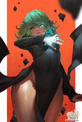 1girls alternate_version_available belly belly_button big_thighs black_dress clothed clothing crotch curly_hair dress female female_only floating_rock floating_rocks glowing_eye goes_hard green_eyes green_hair hair high_resolution highres hu_dako long_sleeves looking_at_viewer looking_down navel one-piece_dress one-punch_man orange_background parted_lips rocks small_breasts solo solo_female solo_focus source_request superheroine sweat sweatdrop tatsumaki telekinesis thick_thighs thighs tight_clothing tight_dress two-tone_background white_background wide_hips