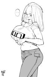 ... 1girl absurdres artist_name band_shirt bangs_pinned_back breasts clothes_lift collarbone cowboy_shot folded_hair forehead from_side glasses greyscale grin hair_pulled_back highres huge_breasts inne_sulistya_robin large_breasts long_hair looking_at_viewer merchandise monochrome navel norman_maggot original pants shirt_lift short_sleeves smile solo spoken_ellipsis tool_(band)
