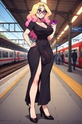 ai_generated balls ballsack blonde_hair breasts bulge_through_clothing bulge_under_clothes bulging bulging_penis cleavage cock covered_breasts flaccid flaccid_penis futa_cock futa_is_bigger futa_only futanari heels high_heels huge_breasts huge_cock penis public public_exposure purple_eyes slit_dress smiling snapperai testicles voluptuous voluptuous_body voluptuous_futa