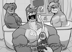anonymous_character anthro australian_cattle_dog bandit_heeler bath bathroom bathtub bedroom bluey_(series) bodily_fluids brother_(lore) brothers_(lore) canid canine canis cattledog cum cum_drip cum_in_mouth cum_inside cum_on_body cum_on_chest cum_on_face cum_on_penis cum_splatter cum_string cumshot dialogue domestic_dog dripping drooling ejaculation erect_nipples erection eyebrows fido_(bluey) genital_fluids genitals greyscale group half-closed_eyes herding_dog hi_res humanoid_genitalia humanoid_penis looking_at_genitalia looking_at_penis looking_down looking_pleasured male male/male mammal monochrome muscular muscular_anthro muscular_male narrowed_eyes nipples nude open_mouth pastoral_dog penis radley_heeler raised_eyebrow saliva sibling_(lore) smile smirk smirking_at_another vein veiny_penis yayi_mr_(artist)