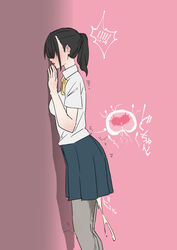 1girls after_sex against_wall black_hair black_legwear blue_skirt blush clothing cum cum_drip cum_in_pussy cum_inside cum_overflow din_(pixiv25800872) female impregnation long_hair open_mouth ovum ponytail school_uniform schoolgirl shirt skirt sperm_cell standing white_shirt x-ray