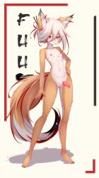 1girl animal_ear_fluff animal_ears animal_nose animal_penis anthro body_fur breasts character_name commentary completely_nude english_commentary facial_mark full_body furry furry_female futa_sans_balls futanari hair_between_eyes hair_bun hair_ornament hair_stick hand_on_own_hip highres midriff multicolored_hair navel nipples nude orange_fur original penis red_eyes red_nails red_streaks sharp_teeth simple_background small_breasts solo standing streaked_hair tail teeth trimbil whisker_markings white_background white_fur white_hair