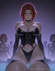 abs ai_generated bare_shoulders black_choker black_gloves bloodrayne bondage_outfit breasts choker cleavage corset dominatrix elbow_gloves gloves glowing glowing_eyes green_eyes heart heart-shaped_pupils large_breasts latex lesbian looking_at_viewer multiple_girls navel nyx_x questionable rayne red_hair short_hair sitting smile symbol-shaped_pupils thick_thighs thigh_strap thighs