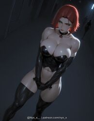 1girl ai_generated bare_shoulders black_gloves bloodrayne breasts choker cleavage collarbone corset elbow_gloves gloves green_eyes jewelry large_breasts looking_at_viewer muscular muscular_female navel nyx_x questionable rayne red_hair sensitive short_hair solo thighhighs