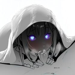 1boy 1girls blowjob blush cum_in_mouth elf elf_ears elf_female emilia_(re:zero) fellatio female_yandere heart-shaped_pupils looking_at_viewer mind_broken natsuki_subaru on_bed penis pov purple_eyes re:zero_kara_hajimeru_isekai_seikatsu sex short_hair silver_hair sucking_penis teri_ri0 yandere