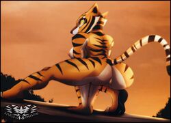 anthro ass black_body black_fur breasts detailed_background dreamworks felid female fur genitals hi_res knightmoonlight98 kung_fu_panda mammal master_tigress multicolored_body multicolored_fur muscular muscular_anthro muscular_female nipples orange_body orange_fur pantherine pussy red_eyes solo tiger white_body white_fur