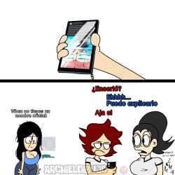 3girls glasses nervous paula_rossi_(la_sandia) phone_screen red_hair rocio_(la_sandia)