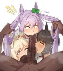 assisted_fellatio blowjob fellatio futa_on_female futadom futanari interracial licking original original_character sniffing sniffing_balls sulcate triple_fellatio umamusume