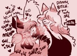 anthro armpit_fetish armpit_hair armpit_sniffing bodily_fluids body_hair bovid canid canine canis caprine clothing dialogue domestic_dog duo female female/female goat hair hair_over_eyes hybrid mammal musk musk_cloud nier_(pinkshinyhorns) onomatopoeia pinkshinyhorns shirt sniffing sound_effects sweat tank_top text topwear