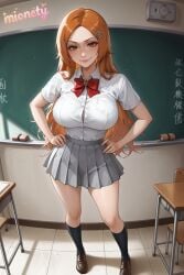 inoue_orihime bleach 1girl breasts skirt solo chalkboard large_breasts hair_ornament classroom socks shirt long_hair smile bow looking_at_viewer school_uniform orange_hair white_shirt indoors desk pleated_skirt red_bow grey_skirt brown_eyes bowtie brown_footwear school_desk short_sleeves red_bowtie button_gap full_body black_socks standing collared_shirt shoes chair hairclip loafers closed_mouth kneehighs blush shirt_tucked_in tiles thighs breast_pocket miniskirt school_chair parted_bangs forehead lips brown_hair tile_floor pocket very_long_hair teacher orange_eyes food dress_shirt on_desk chalk ball mole_under_mouth school mionety ai_generated