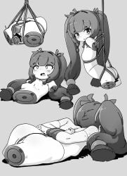 1girl absurdres amputee anal anal_object_insertion android arms_behind_back bdsm bondage bound bound_arms braid braided_sidelocks breasts commentary d: double_amputee english_commentary grey_background greyscale hair_ornament highres kanbaki legless_amputee long_hair mechabare monochrome multiple_views nipples nude object_insertion orenjitoastv15 qingyi_(zenless_zone_zero) quadruple_amputee robot_girl severed_torso sidelocks simple_background small_breasts sphere_hair_ornament suspension twintails vaginal vaginal_object_insertion very_long_hair zenless_zone_zero