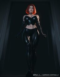 1girl abs ai_generated black_gloves black_pants bloodrayne breasts bustier choker cleavage elbow_gloves full_body gloves green_eyes large_breasts latex leather looking_at_viewer midriff navel nyx_x pants rayne red_hair sensitive short_hair solo walking