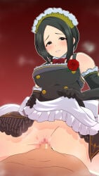 1boy 1girl black_dress black_eyes black_gloves black_hair bow bowtie breasts commentary_request cowgirl_position dress elbow_gloves flower gloves headdress hetero highres idolmaster idolmaster_cinderella_girls lifting_own_clothes makaizou_(yawo87) medium_breasts red_bow red_bowtie sex short_hair straddling togo_ai vaginal