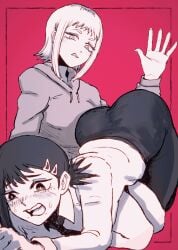 2girls all_fours animated ass ass_up biting_lip chainsaw_man flustered gif higashiyama_kobeni kobeni_higashiyama sawatari_akane spanking tears xandredarium
