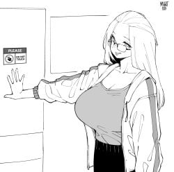 1girl :p absurdres bangs_pinned_back breasts casual cleavage collarbone drawstring english_text glasses hand_on_wall highres huge_breasts inne_sulistya_robin jacket long_hair norman_maggot original shirt shirt_tucked_in sign solo tongue tongue_out warning_sign white_background