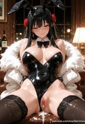 yor_forger spy_x_family ai_generated kermixx 1girl solo long_hair breasts looking_at_viewer blush smile bangs large_breasts black_hair hair_ornament red_eyes thighhighs bow animal_ears cleavage bare_shoulders jewelry sitting closed_mouth flower thighs hairband earrings censored pussy black_thighhighs hair_flower spread_legs cum bowtie rabbit_ears mosaic_censoring leotard fur_trim black_bow covered_navel detached_collar fake_animal_ears cum_in_pussy rose playboy_bunny bottle couch black_leotard clothing_aside highleg_leotard after_sex cumdrip black_bowtie after_vaginal leotard_aside