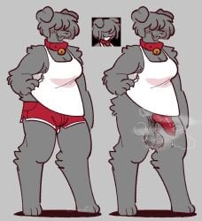animal_genitalia animal_penis anthro bodily_fluids bottomwear canid canine canine_genitalia canine_penis canis clothing collar domestic_dog female floppy_ears freckled_face freckles fur genital_fluids genitals grey_body grey_fur gynomorph hair hair_over_eyes half-erect hi_res intersex mammal musk musk_cloud musky_penis penis pinkshinyhorns precum red_penis shirt shorts solo sweat sweaty_genitalia tank_top topwear