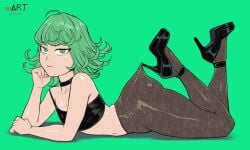 1girls ass big_ass flat_chest flat_chested bottomwear crop_top green_hair female female_only footwear hair heels high_heels lace-trimmed_pantyhose lace_pantyhose_hooked_on_heel_(meme) lace_trim legs_up legwear lingerie meme on_stomach pantyhose pantyhose_pull green_eyes short_hair side_view solo solo_female topwear m4rsart tatsumaki one-punch_man green_background platform_heels