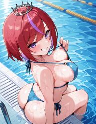 1girls ai_generated annie_princessu areolae big_breasts bikini breasts female fogine indie_virtual_youtuber latam_virtual_youtuber light-skinned_female light_skin looking_at_viewer nipples pool purple_eyes red_hair short_hair smiling_at_viewer thighs two-tone_hair virtual_youtuber vtuber