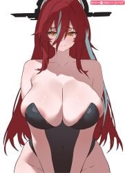 arknights:_endfield ember_(arknights:_endfield) red_hair yellow_eyes simple_background bread-n-butter 1girls solo_female solo halo metal_halo smiling large_breasts artist_name artist_signature multicolored_hair long_hair white_background barely_contained_breasts bunnysuit