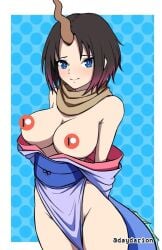 1girls 1girl black_hair black-haired_female blue_eyes blue-eyed_female horn busty busty_female busty_girl breasts large_breasts hand_behind_back arm_behind_back blue_background dayyo_(daydarion/day-chan) nude naked nudity naked_female nude_female exposed naked_woman half_naked half_nude semi_nude partially_undressed slim-waist slender_waist slim_female narrow_waist slender_body lean_figure wide_hips hourglass_figure inguinal_crease inguinal_ligament miss_kobayashi's_dragon_maid elma_(dragon_maid)