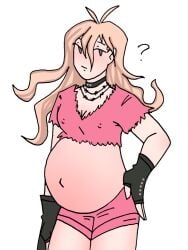 danganronpa danganronpa_(series) danganronpa_v3:_killing_harmony enjoying_pregnancy hand_on_hip iruma_miu looking_at_viewer pink_top pregnancy pregnant pregnant_belly