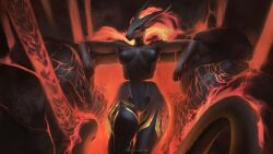 16:9 2026 5_fingers anthro areola biped breasts claws digital_drawing_(artwork) digital_media_(artwork) dragon female finger_claws fingers fire front_view genitals hair hi_res horn jadedragoness lava lying mythological_creature mythological_scalie mythology nipples nude nude_anthro nude_female on_back scales scalie solo tail vulva widescreen