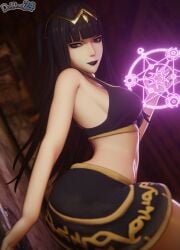 dochaunt24 nintendo fire_emblem_awakening tharja_(fire_emblem) stomach navel magic magic_circle black_lips black_lipstick lipstick from_side looking_at_viewer looking_to_the_side medium_breasts breasts very_long_hair long_hair black_hair black_eyes collarbone bare_shoulders shoulders bare_arms thick_thighs thighs bare_thighs indoors hand_up blunt_bangs bangs armpits imminent_attack smile grin female female_only solo 1girls