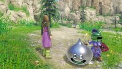 3d belt boobs dick dragon_quest dragon_quest_xi futanari game_screenshot helmet nipples nude nude_futa purple_skin screenshot shield slime_(dragon_quest) slime_knight trees