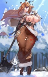 alba_(maciek_kaiju) axe background breasts chains corset female furry giraffe giraffe_girl girl heels hobble_dress long_hair naked_breasts nipple_piercing nipples original original_character purple_eyes shanher smile snow topless white_fur winter winter_background