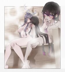 2girls about_to_kiss animal_ears ass barefoot big_ass big_breasts black_and_purple_hair blue_hair columbina_(genshin_impact) d_anieim feet female/female genshin_impact lauma_(genshin_impact) legs lesbians lesbians_naked long_hair pink_nipples sauna soles thumb_in_mouth yuri