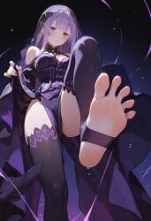 1girl ai_generated bare_shoulders black_feathers black_thighhighs blush breasts closed_mouth clothes_lift clothing_cutout dress feathers feet foot_focus foot_out_of_frame foreshortening from_below gradient_background leg_up legs lifted_by_self long_hair looking_at_viewer medium_breasts nail_polish no_shoes pelvic_curtain purple_dress purple_eyes purple_hair purple_nails purple_thighhighs re:zero_kara_hajimeru_isekai_seikatsu satella_(re:zero) sidelocks soles solo spread_toes standing standing_on_one_leg stirrup_legwear thighhighs thighs toeless_legwear toes veil