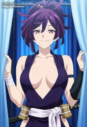 1girl breasts ninja solo white_sash japanese_clothes purple_hair looking_at_viewer center_opening topknot hip_vent kimono purple_kimono smile sash black_armband armband weapon sword curtains large_breasts bare_shoulders collarbone patreon_username wrist_guards hair_ornament breasts_apart bandages cleavage upper_body red_eyes closed_mouth indoors medium_breasts ai_generated anime anime_style hentai hi_res mystic_maidens patreon yuzuriha_(jigokuraku) jigokuraku