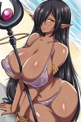 1girls 2021 arm_support bangle bayeuxman beach belly_button bikini black_hair blush bracelets breasts cleavage dark-skinned_female dark_elf dark_skin ear_piercing earrings elf female female_focus female_only gold_eyes hair_over_one_eye hourglass_figure inverted_nipples kuroinu_~kedakaki_seijo_wa_hakudaku_ni_somaru~ large_breasts long_ears long_hair looking_at_viewer naughty_face nipples nipples_visible_through_clothing object_between_breasts olga_discordia outdoors pointy_ears sand see-through_bikini shiny_skin smile smiling_at_viewer staff suggestive_look sweat swimsuit thick_lips thick_thighs thighs very_long_hair water weapon wet