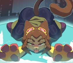 anthro arched_back booty capsule cat_girl cat_tail fat_ass frufrusbin fur furry gameoverse glitch_productions kit_(gameoverse) laboratory smirking streching tongue_out