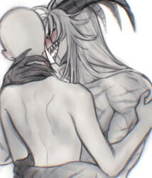 baidaoovo bite_mark bite_mark_on_neck height_difference hugging_another hugging_partner monster_boy monster_on_female nude_back nude_female nude_male pierrot_(the_freak_circus) self_insert self_upload sharp_teeth the_freak_circus